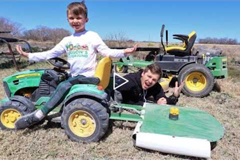 Hudson's new kids mower working on the farm cutting grass and hay | Tractors for kids