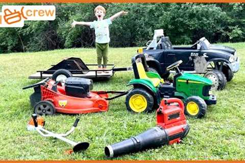 Mowing lawn with kids ride on toy trucks, tractor, trailer. Educational how a mower works | Kid Crew