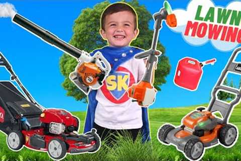 Lawn Mower Obstacle Course for Kids | Weed Eater | Leaf Blower | Grass Cutting Machine