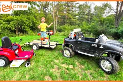 Mowing lawn with kids ride on zero turn, tractor, truck. Educational how a mower works | Kid Crew