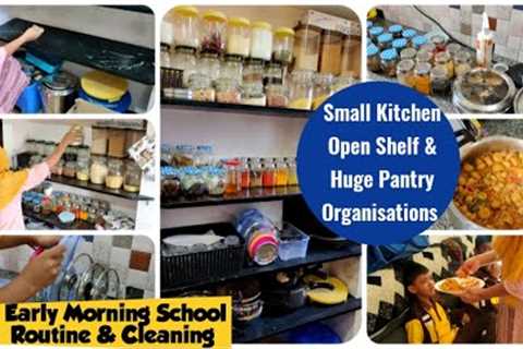 Small Non- Modular Kitchen Makeover/School day morning routine/Open Kitchen Shelf Organisation/Diml