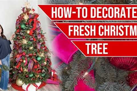 FRESH LIVE Christmas Tree TUTORIAL | Ribbons, Ornaments, Lighting and MORE!!