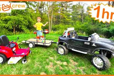 Landscaping compilation with kids ride on zero turn mower, tractor, truck and chainsaw | Educational